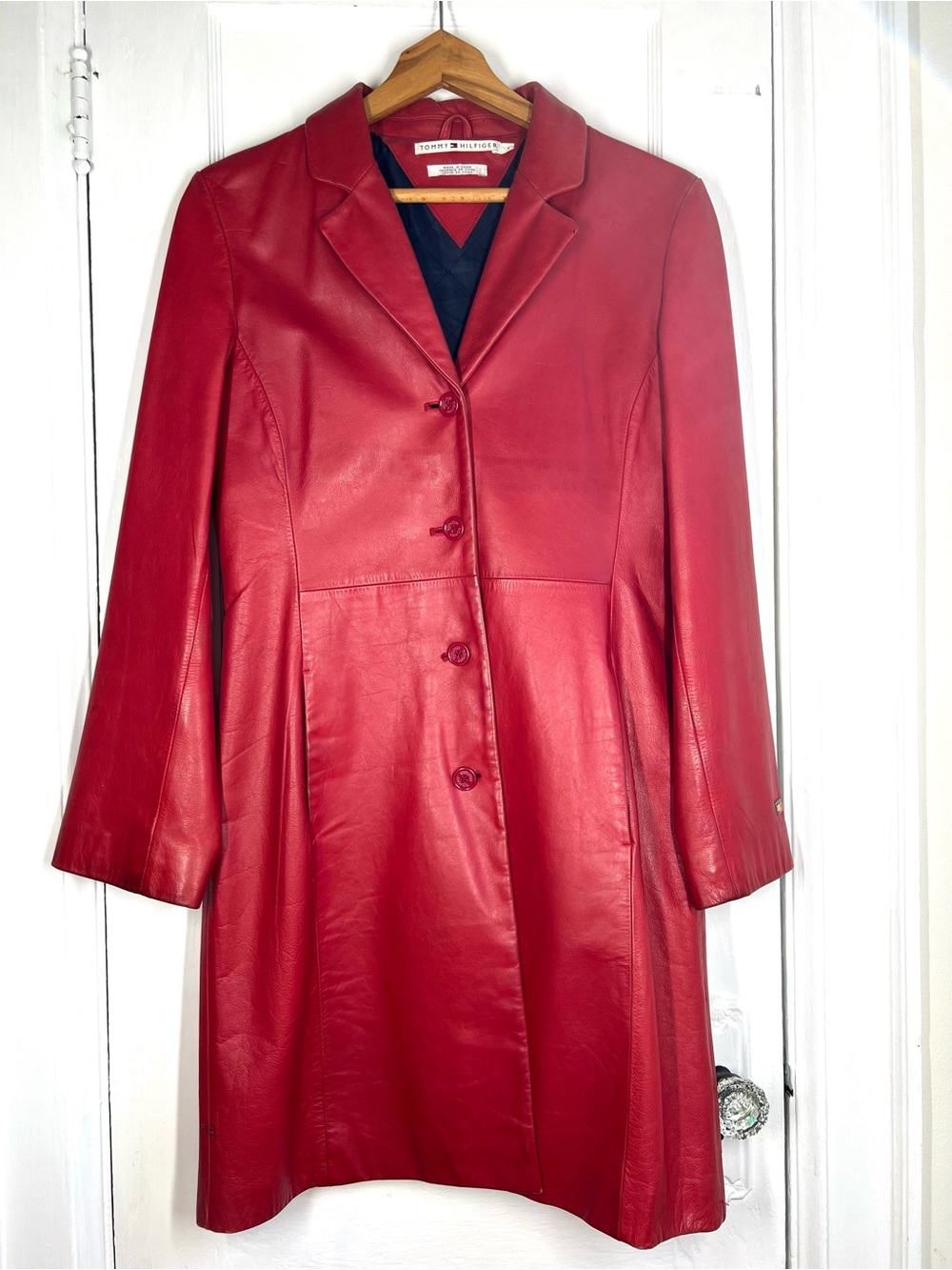 Vintage Tommy Hilfiger Women's Red Leather Button-Front Coat Y2K Size Med